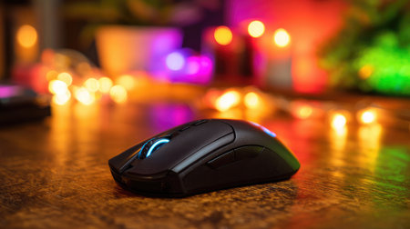 Mouse and keyboard neatly placed on a desk with colorful ambient lighting from behindの素材