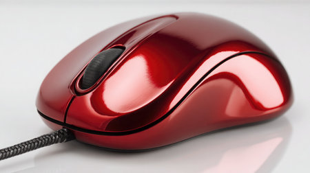 Glossy red computer mouse with reflective highlights on a plain white tableの素材