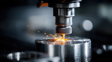 Laser cutting machine engraving metal parts on a high-precision production floorの素材