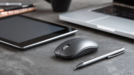 Smooth, flat mouse with low profile placed beside stylus and tablet for design useの素材