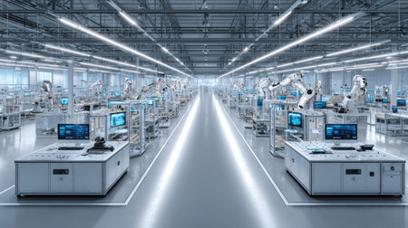 Modern factory floor with automated robotic arms assembling metal components under bright lightsの素材