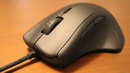Side view of ergonomic mouse showing thumb rest and side grip detailsの素材