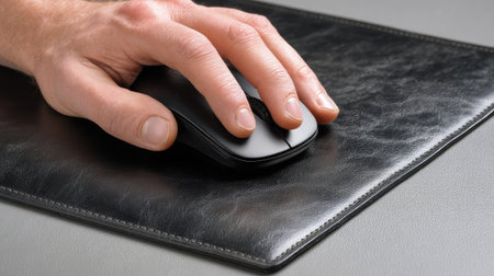 Top view of black mouse on a large mouse pad with room for wide hand movementの素材