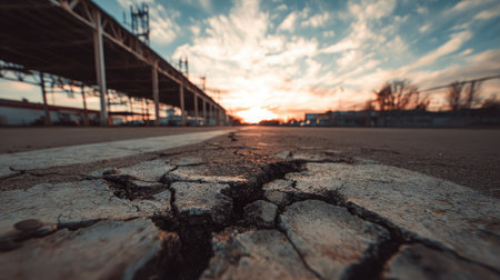 Open parking area by a warehouse with visible cracks in the asphalt and space linesの素材