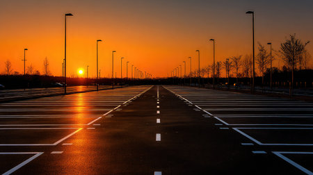 Long rows of empty parking spaces captured at sunset with dramatic warm tonesの素材