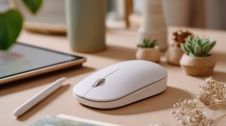 Smooth, flat mouse with low profile placed beside stylus and tablet for design useの素材
