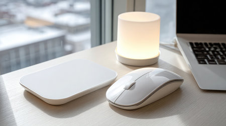 Sleek white mouse next to a modern laptop on a minimalist desk setup with bright lightingの素材
