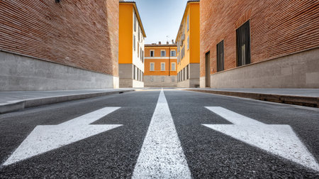 Narrow parking lane between two buildings with white markings and directional signageの素材