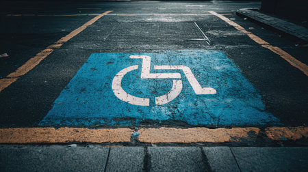 Single accessible parking spot marked with a bold blue and white wheelchair iconの素材