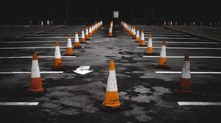 Parking bay surrounded by white bollards and traffic cones in an urban construction zoneの素材