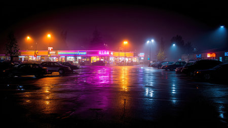 Rain-soaked parking lot at night with glowing reflection from neon signageの素材
