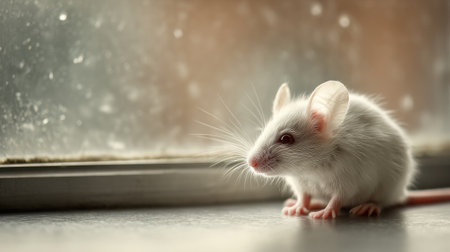 White mouse placed on sleek aluminum surface with natural window lightの素材