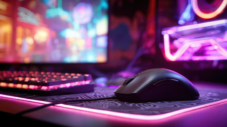 Wired mouse on gaming desk with neon backlighting and RGB keyboardの素材