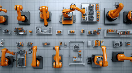 Overhead view of advanced machinery networked with smart controls in a factory hallの素材