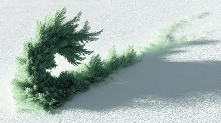 Abstract spiral-shaped tree design rendered in soft green on a plain white surfaceの素材