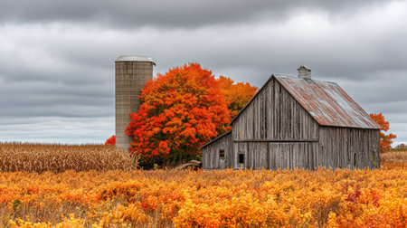 A barn and grain silo surrounded by fields of mature corn ready for harvestingの素材
