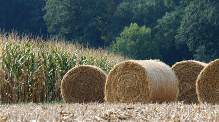 Bales of straw arranged near a cornfield with dried stalks post-harvestの素材