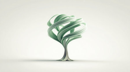 Abstract spiral-shaped tree design rendered in soft green on a plain white surfaceの素材