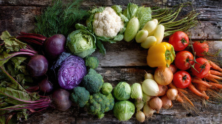 Flat lay of seasonal vegetables arranged in a circular rainbow patternの素材