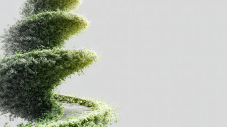 Abstract spiral-shaped tree design rendered in soft green on a plain white surfaceの素材