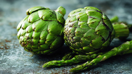 Artichokes and asparagus displayed elegantly on a stone-textured backdropの素材