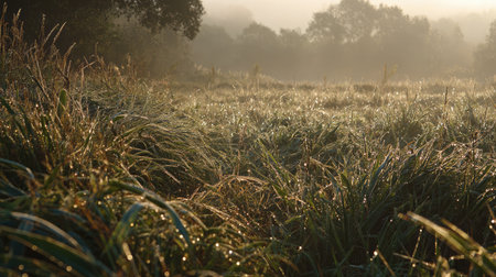 Corn field covered with morning dew, glistening in the rising sunの素材