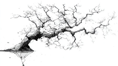 Artistic interpretation of a tree with swirling branches drawn in ink on white backgroundの素材