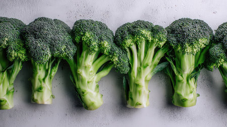 Broccoli florets arranged in a geometric pattern on a light-colored tableの素材