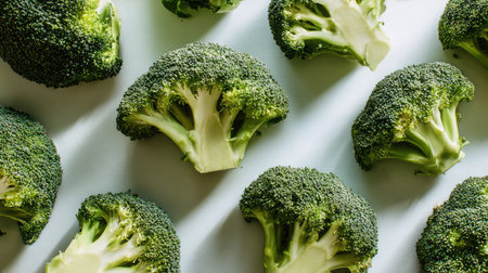 Broccoli florets arranged in a geometric pattern on a light-colored tableの素材