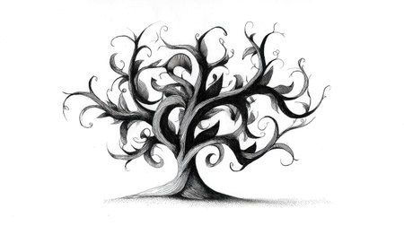 Artistic interpretation of a tree with swirling branches drawn in ink on white backgroundの素材