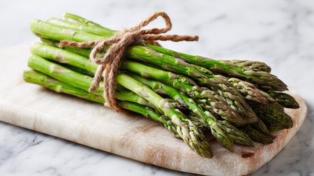Bundle of asparagus tied with twine set on a marble cutting boardの素材