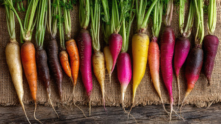 Assorted root vegetables like carrots, radishes, and turnips spread on a natural burlap clothの素材