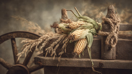 Bundle of corn ears tied with twine resting on the back of a wooden farm wagonの素材