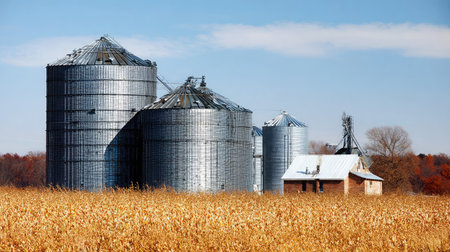 Corn storage silos and grain elevators surrounded by expansive farmlandの素材