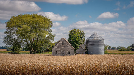 A barn and grain silo surrounded by fields of mature corn ready for harvestingの素材
