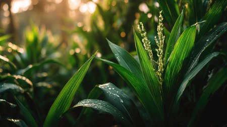 Detailed view of corn leaves and silk in warm sunlight with shallow depth of fieldの素材