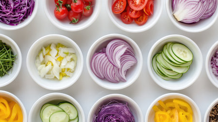 Cut vegetables placed in separate bowls arranged in a grid layoutの素材