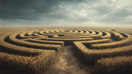 Corn maze entrance carved into a dense field under soft autumn skiesの素材