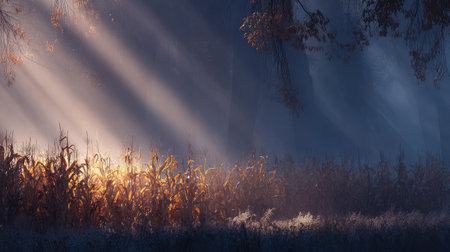 Early morning mist over a cornfield with sunbeams peeking through tall stalksの素材