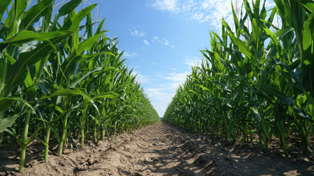 Clear blue sky over an endless horizon of tall green corn with a dirt road cutting throughの素材