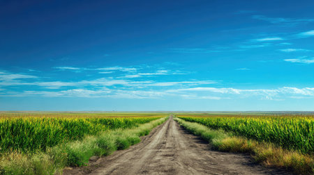Clear blue sky over an endless horizon of tall green corn with a dirt road cutting throughの素材