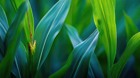 Detailed view of corn leaves and silk in warm sunlight with shallow depth of fieldの素材