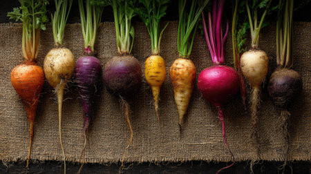 Assorted root vegetables like carrots, radishes, and turnips spread on a natural burlap clothの素材