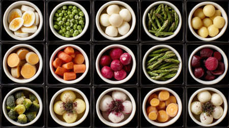 Cut vegetables placed in separate bowls arranged in a grid layoutの素材