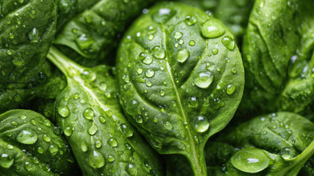 Close-up macro shot of water droplets on fresh spinach leavesの素材
