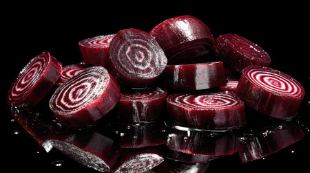 Glistening beets sliced to show interior pattern with dramatic lightingの素材