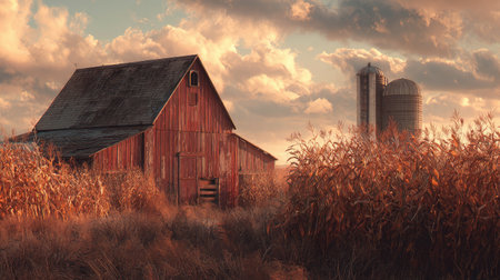 A barn and grain silo surrounded by fields of mature corn ready for harvestingの素材
