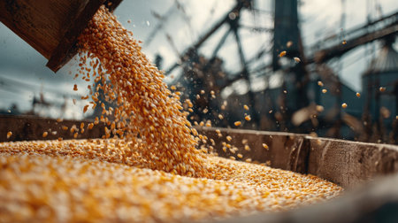 Corn grains being poured into a large grain bin with farming equipment in the backgroundの素材