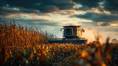 Combine harvester machine cutting through rows of corn on a late afternoonの素材