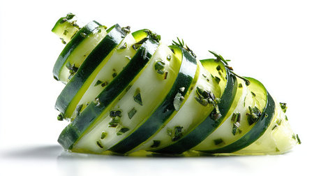 Cut cucumber slices arranged in a spiral with herbs on whiteの素材